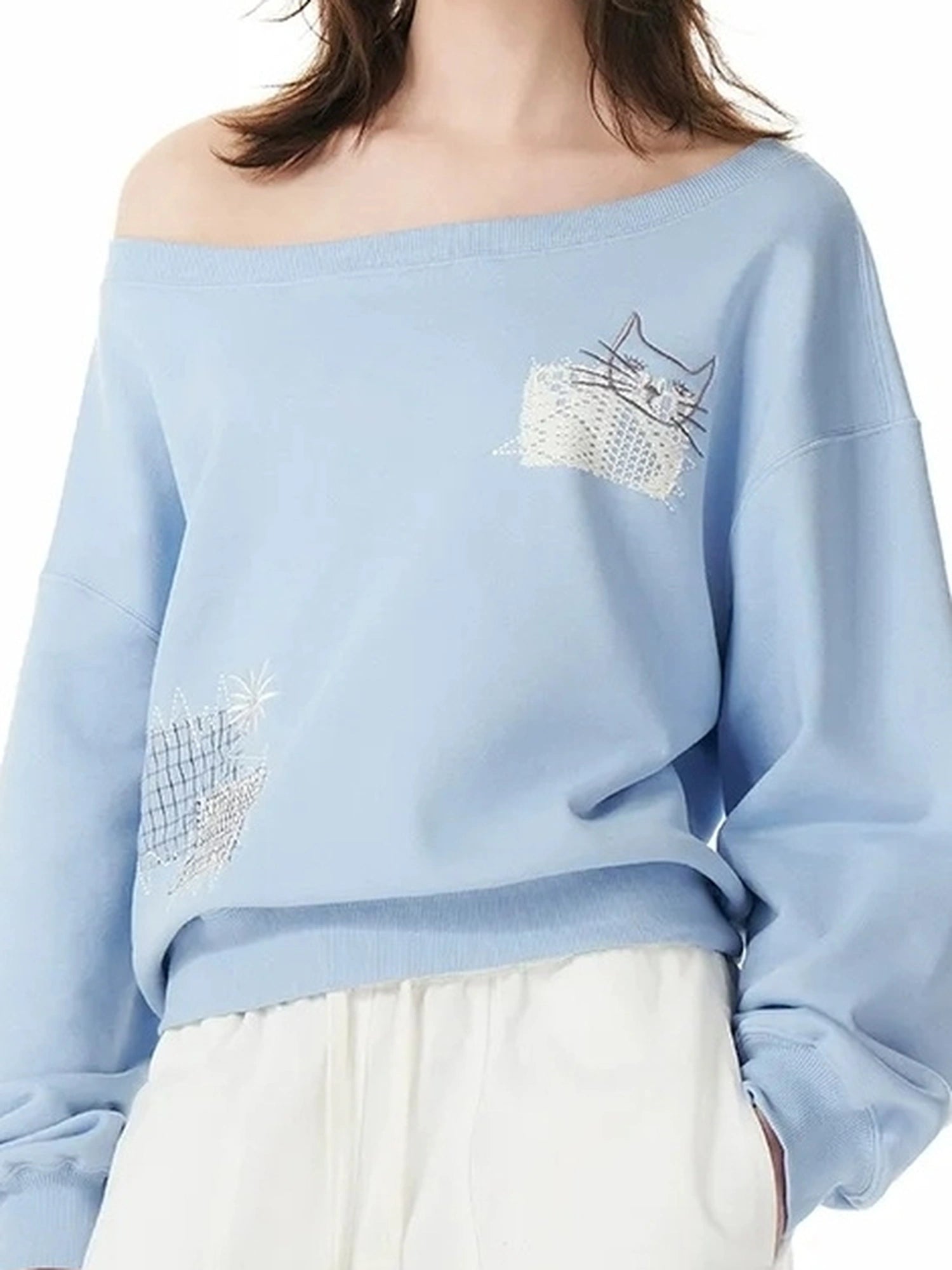 OuttheBlue Relaxed Cat Patch Off Shoulder Sweatshirt