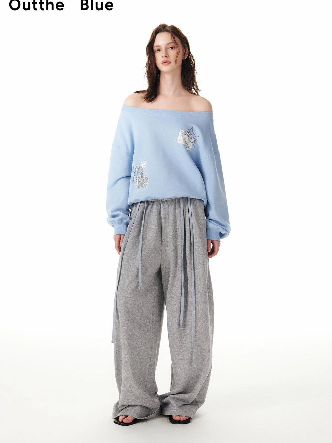 OuttheBlue Relaxed Cat Patch Off Shoulder Sweatshirt