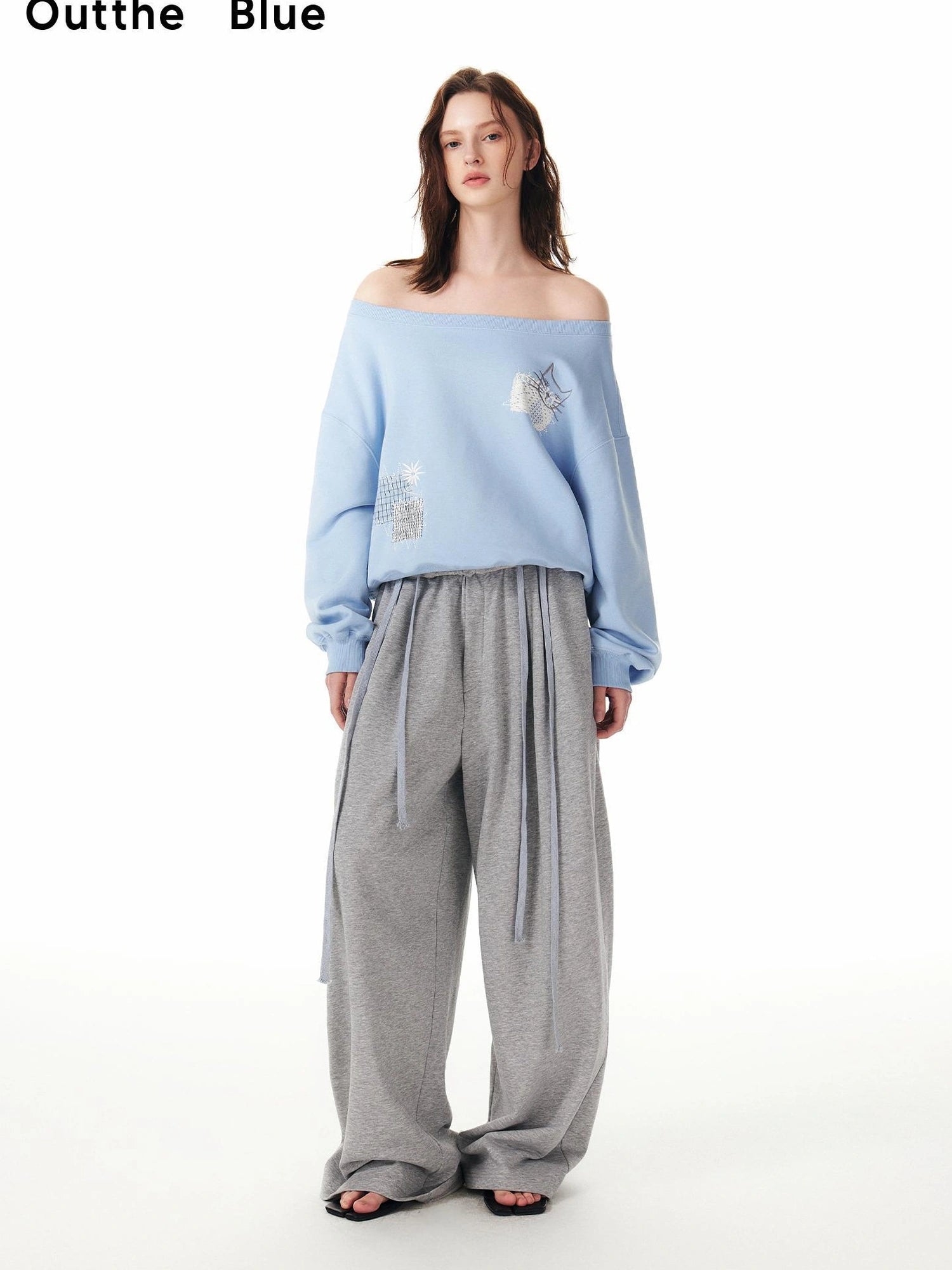OuttheBlue Relaxed Cat Patch Off Shoulder Sweatshirt
