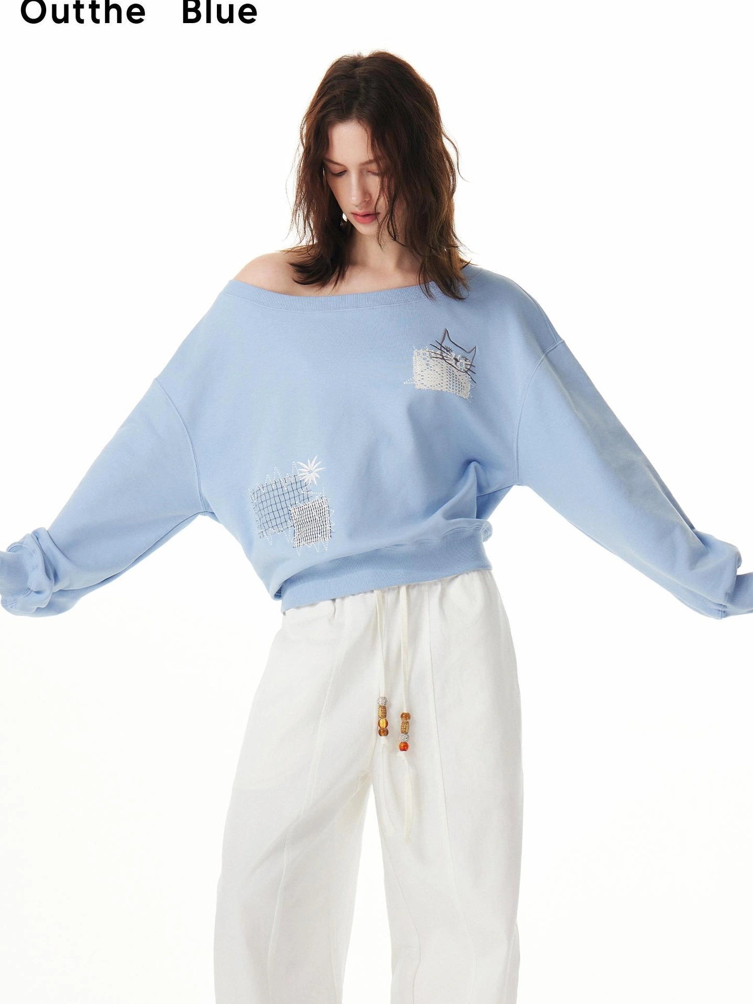 OuttheBlue Relaxed Cat Patch Off Shoulder Sweatshirt