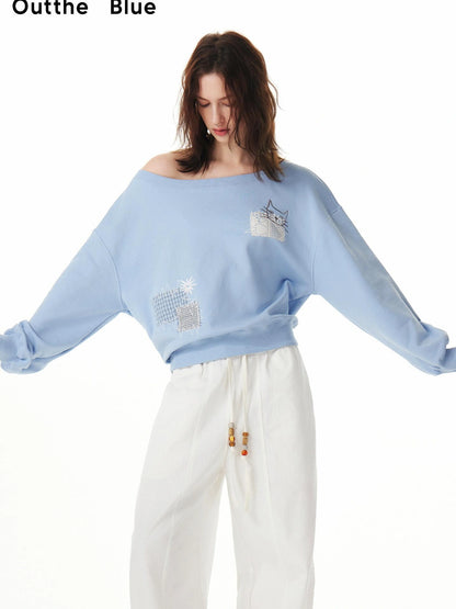 OuttheBlue Relaxed Cat Patch Off Shoulder Sweatshirt