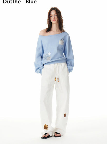 OuttheBlue Relaxed Cat Patch Off Shoulder Sweatshirt