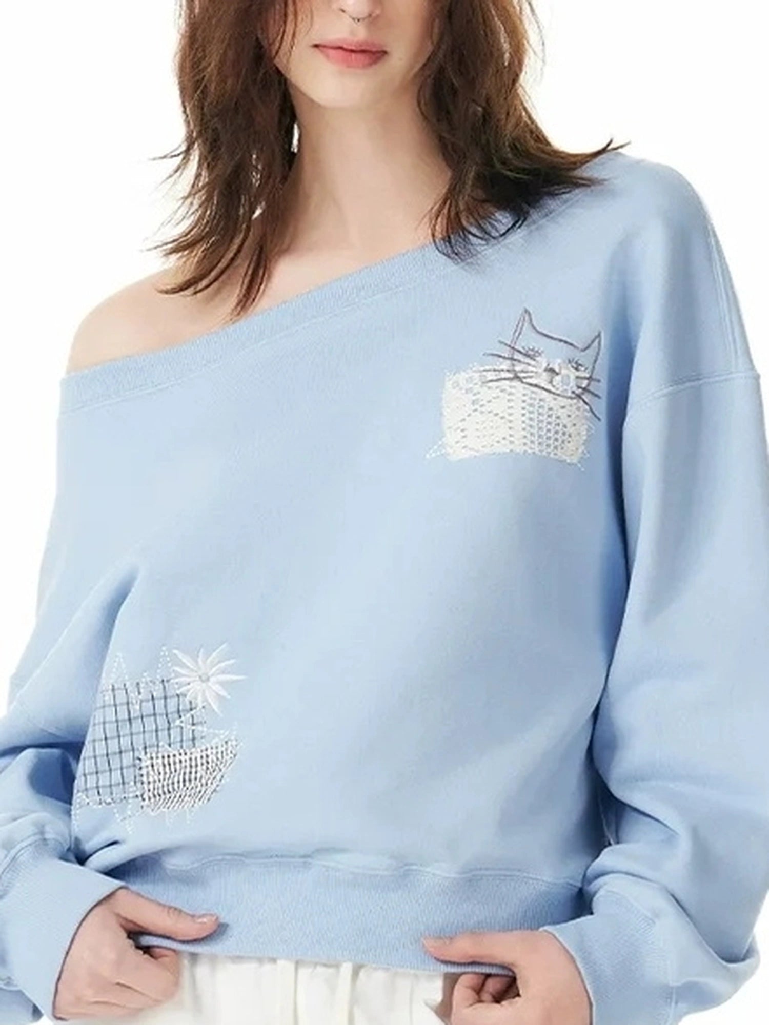 OuttheBlue Relaxed Cat Patch Off Shoulder Sweatshirt