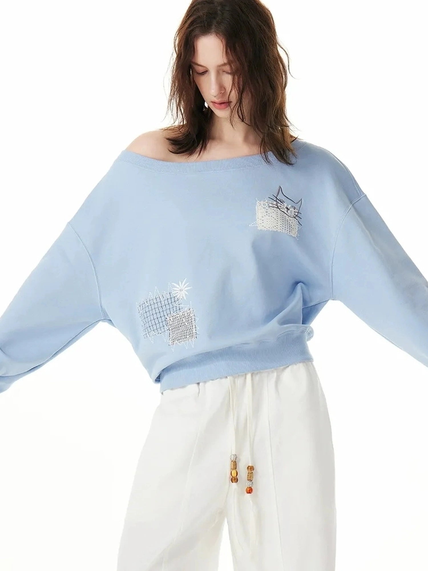 OuttheBlue Relaxed Cat Patch Off Shoulder Sweatshirt
