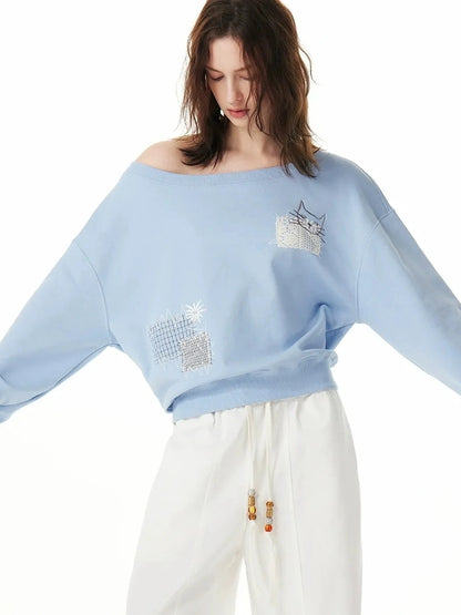 OuttheBlue Relaxed Cat Patch Off Shoulder Sweatshirt