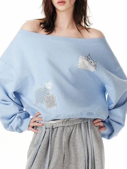 OuttheBlue Relaxed Cat Patch Off Shoulder Sweatshirt