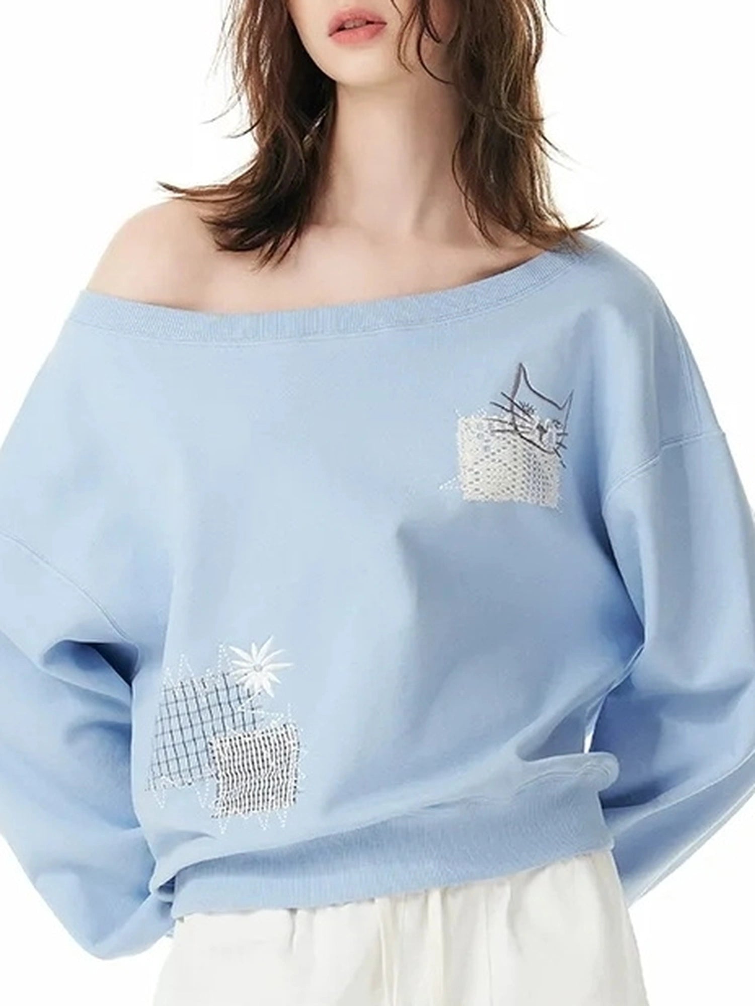 OuttheBlue Relaxed Cat Patch Off Shoulder Sweatshirt