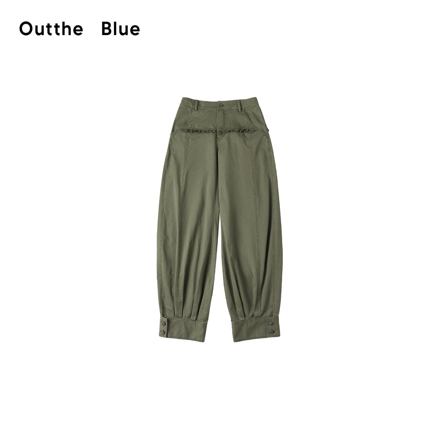 OuttheBlue Retro Lace Trim High Waist Lantern Washed Cotton Olive Women Wide-Leg Pants