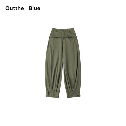 OuttheBlue Retro Lace Trim High Waist Lantern Washed Cotton Olive Women Wide-Leg Pants
