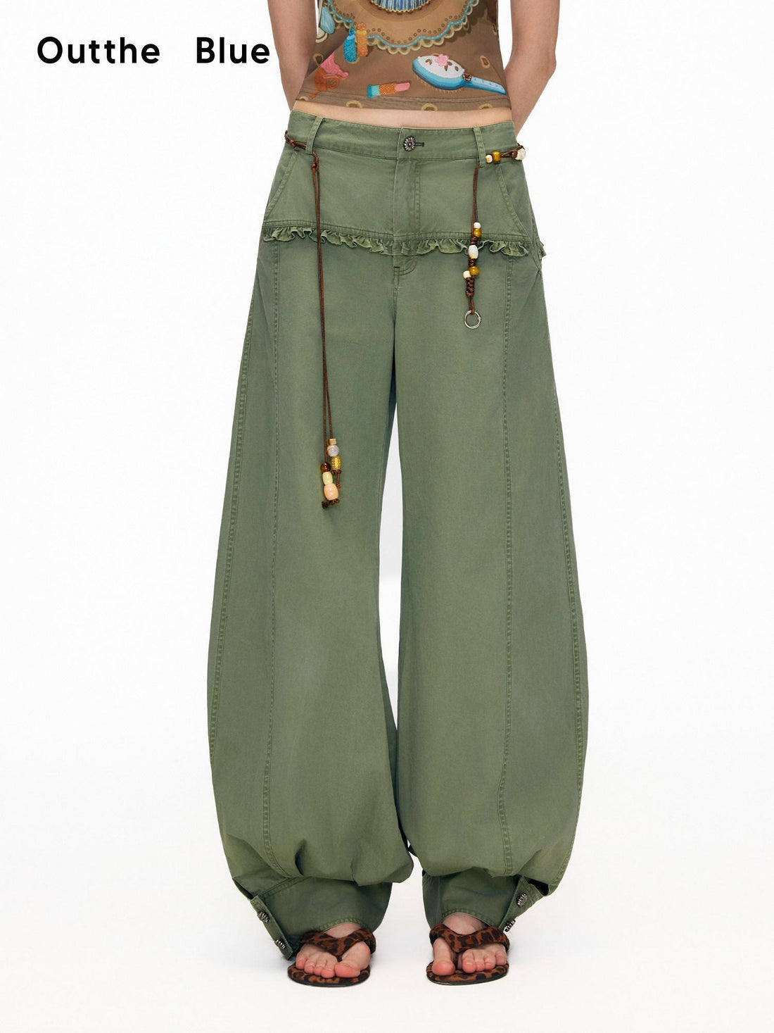 OuttheBlue Retro Lace Trim High Waist Lantern Washed Cotton Olive Women Wide-Leg Pants
