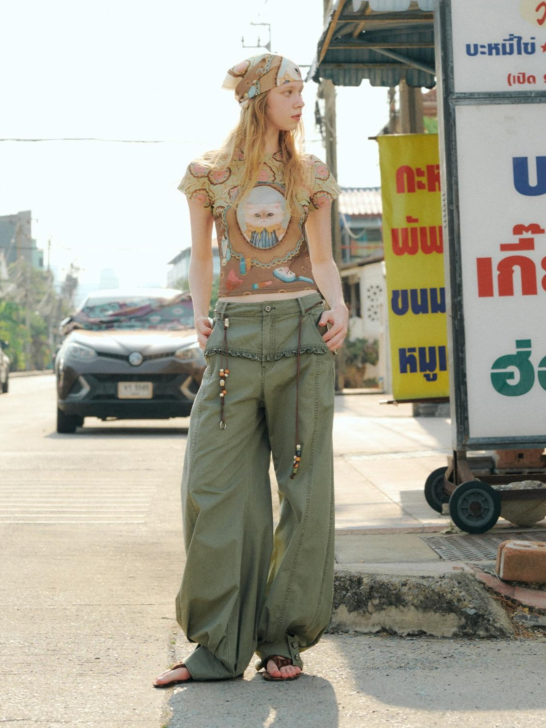 OuttheBlue Retro Lace Trim High Waist Lantern Washed Cotton Olive Women Wide-Leg Pants