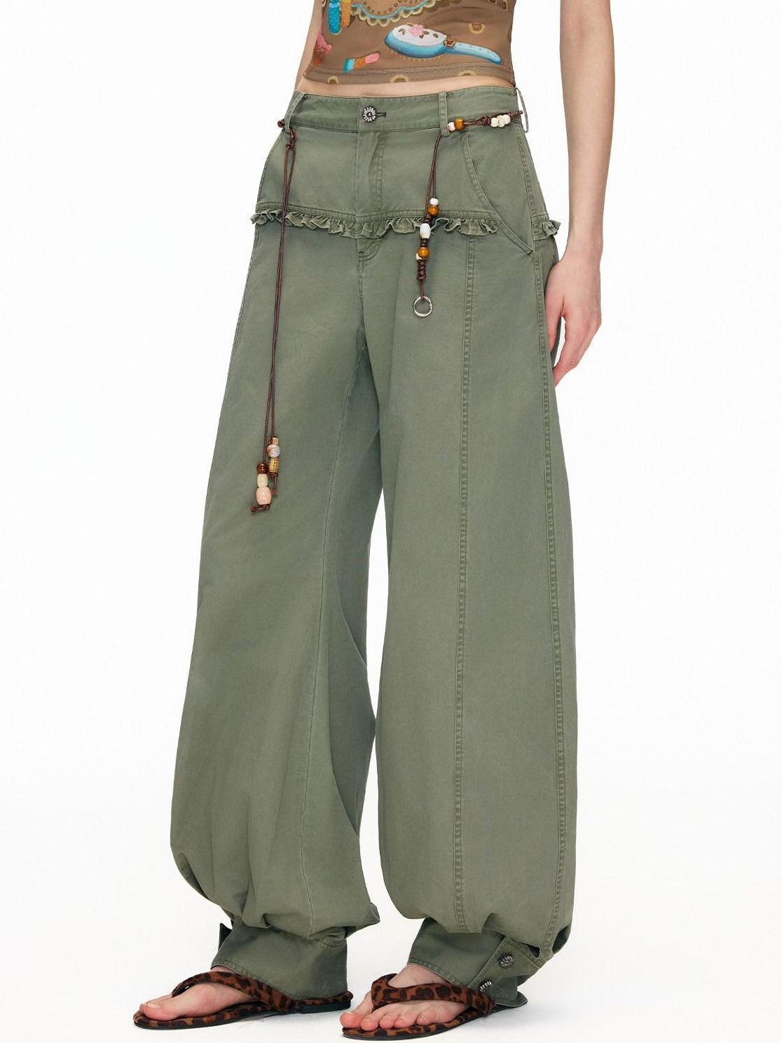 OuttheBlue Retro Lace Trim High Waist Lantern Washed Cotton Olive Women Wide-Leg Pants