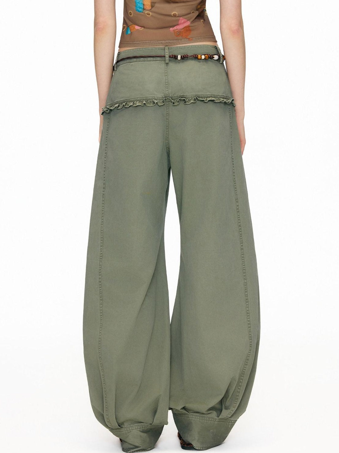 OuttheBlue Retro Lace Trim High Waist Lantern Washed Cotton Olive Women Wide-Leg Pants