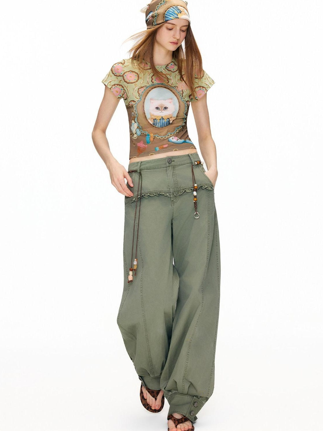 OuttheBlue Retro Lace Trim High Waist Lantern Washed Cotton Olive Women Wide-Leg Pants