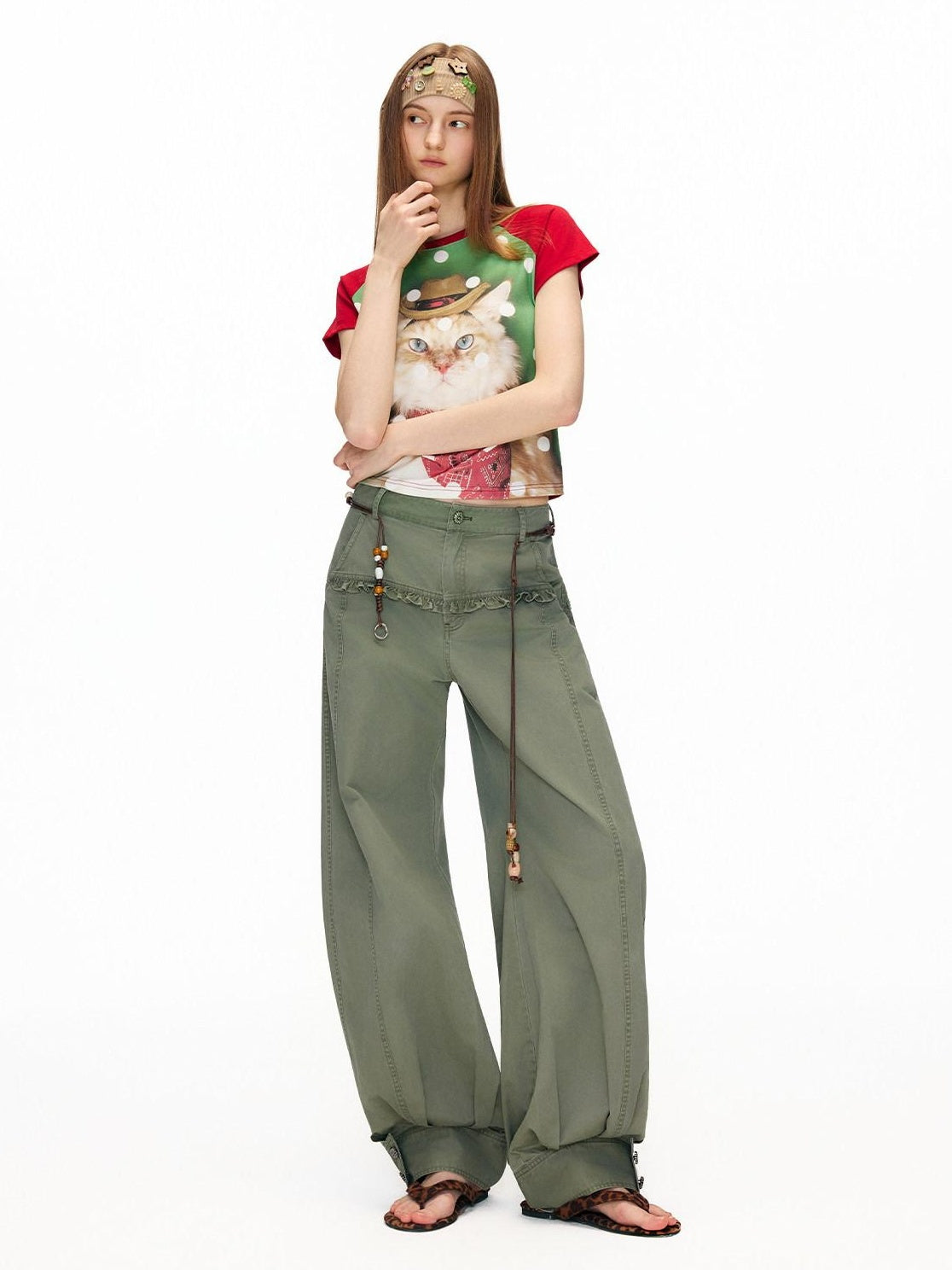 OuttheBlue Retro Lace Trim High Waist Lantern Washed Cotton Olive Women Wide-Leg Pants
