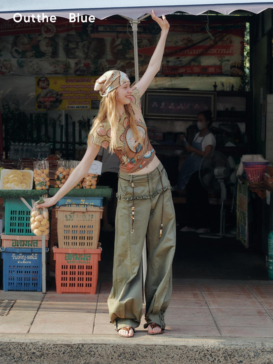 OuttheBlue Retro Lace Trim High Waist Lantern Washed Cotton Olive Women Wide-Leg Pants