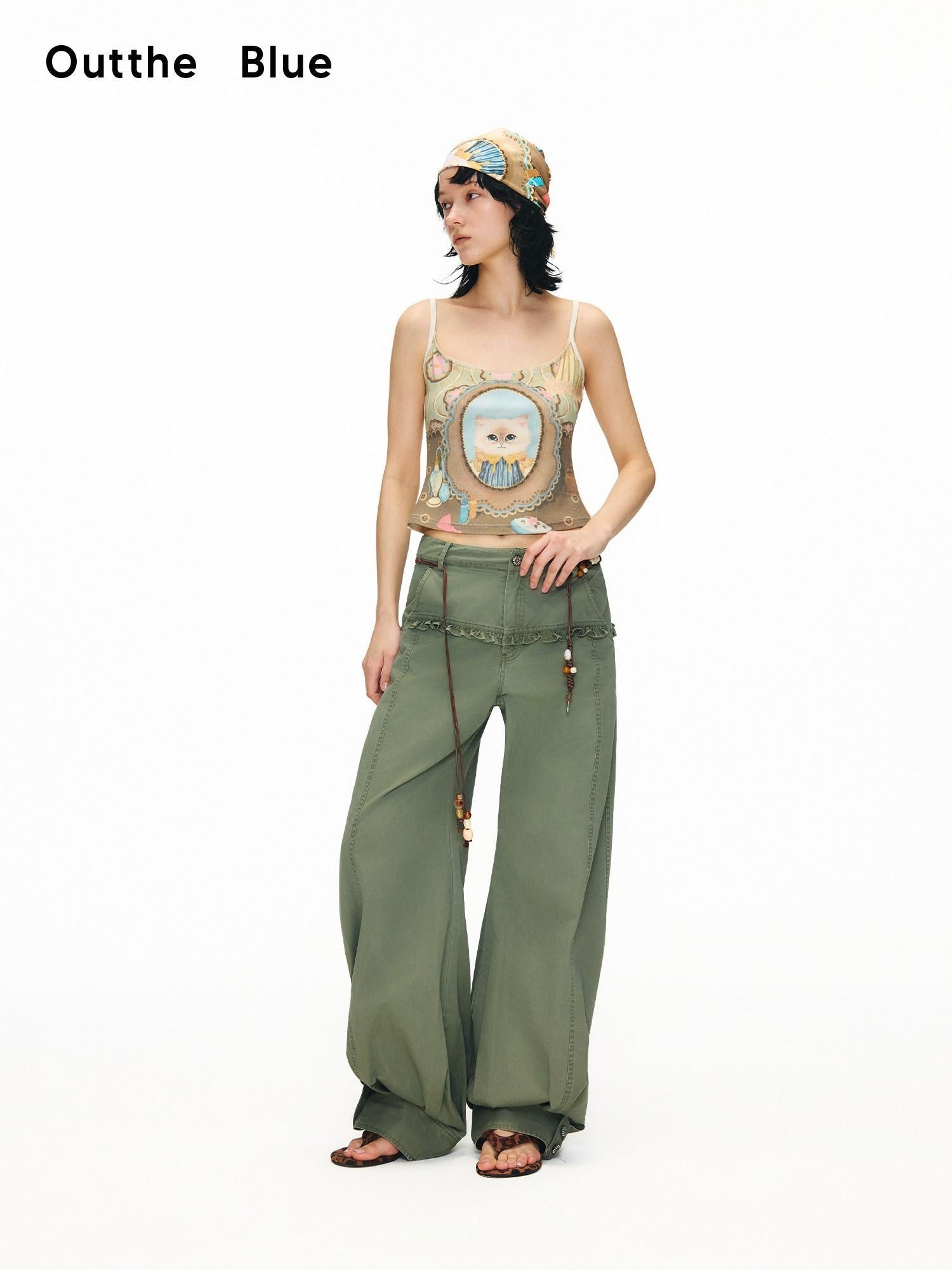OuttheBlue Retro Lace Trim High Waist Lantern Washed Cotton Olive Women Wide-Leg Pants
