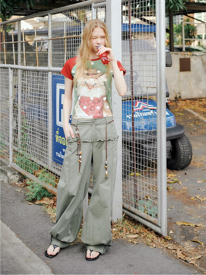 OuttheBlue Retro Lace Trim High Waist Lantern Washed Cotton Olive Women Wide-Leg Pants