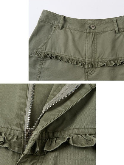 OuttheBlue Retro Lace Trim High Waist Lantern Washed Cotton Olive Women Wide-Leg Pants