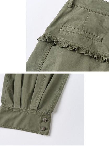 OuttheBlue Retro Lace Trim High Waist Lantern Washed Cotton Olive Women Wide-Leg Pants