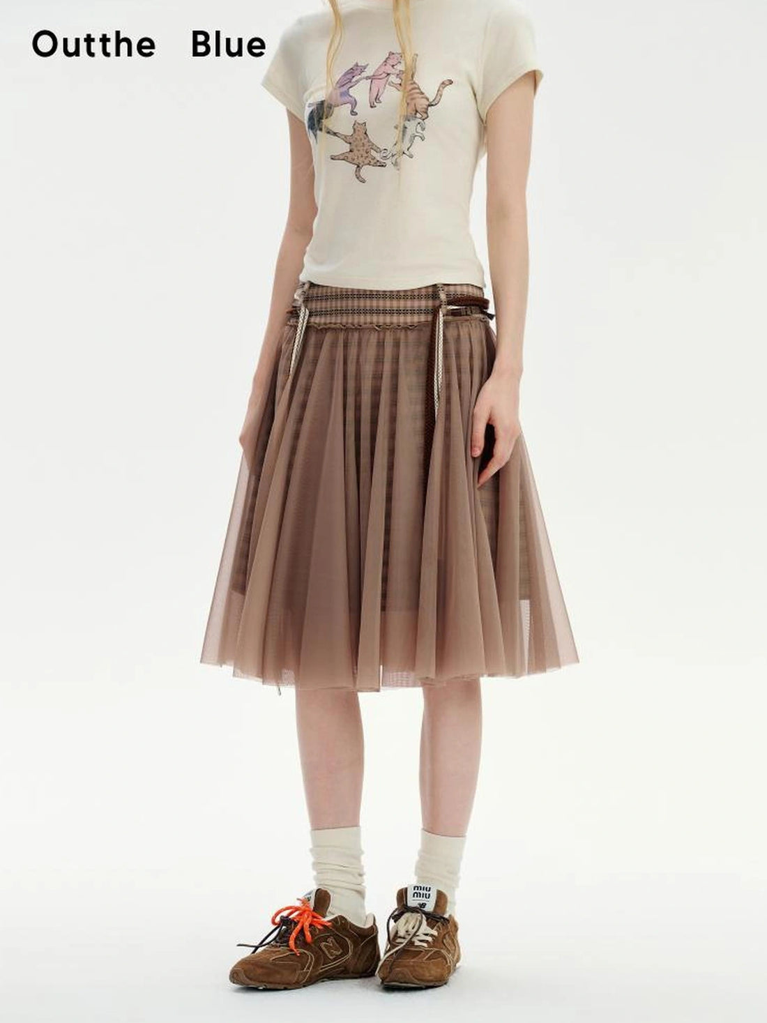 OuttheBlue Retro Sheer Cocoa Checkered Midi Puff Skirt