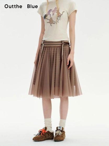 OuttheBlue Retro Sheer Cocoa Checkered Midi Puff Skirt