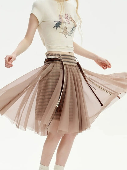 OuttheBlue Retro Sheer Cocoa Checkered Midi Puff Skirt