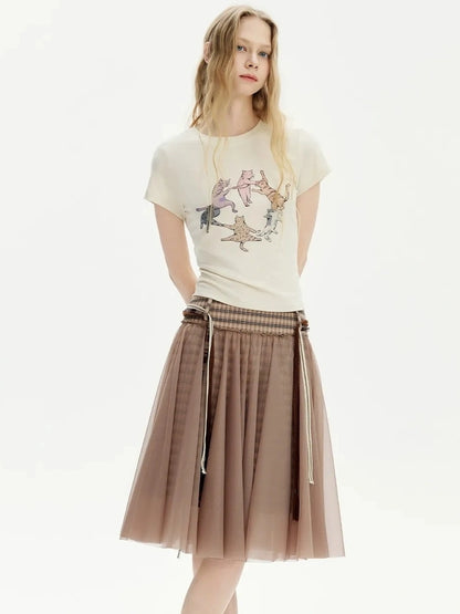 OuttheBlue Retro Sheer Cocoa Checkered Midi Puff Skirt