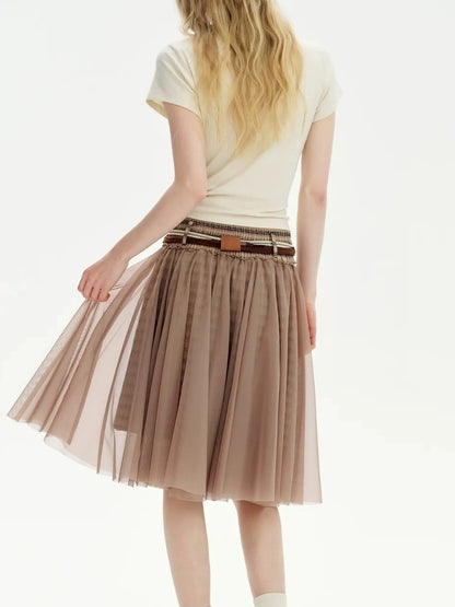 OuttheBlue Retro Sheer Cocoa Checkered Midi Puff Skirt