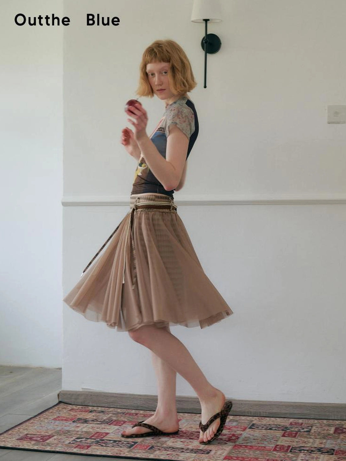 OuttheBlue Retro Sheer Cocoa Checkered Midi Puff Skirt