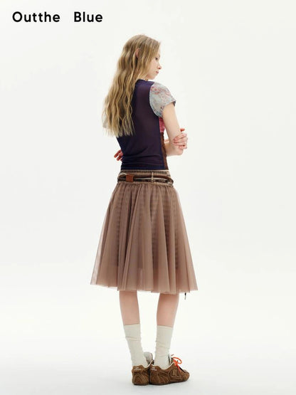 OuttheBlue Retro Sheer Cocoa Checkered Midi Puff Skirt