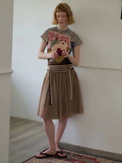 OuttheBlue Retro Sheer Cocoa Checkered Midi Puff Skirt