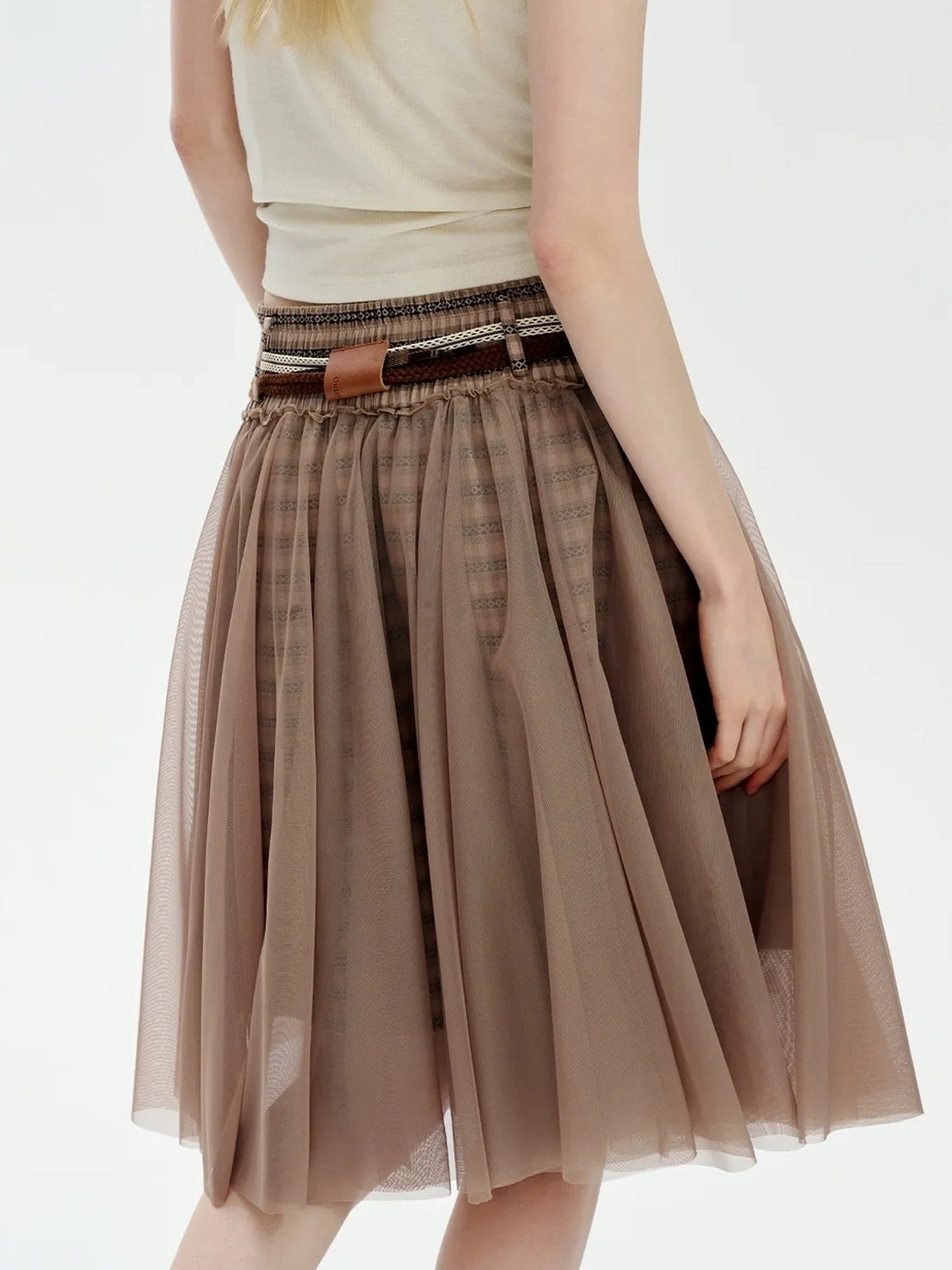 OuttheBlue Retro Sheer Cocoa Checkered Midi Puff Skirt