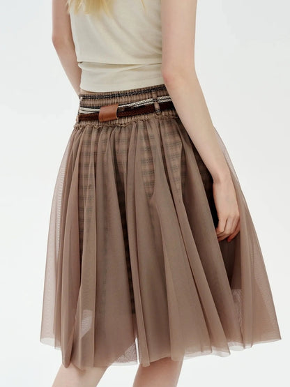 OuttheBlue Retro Sheer Cocoa Checkered Midi Puff Skirt