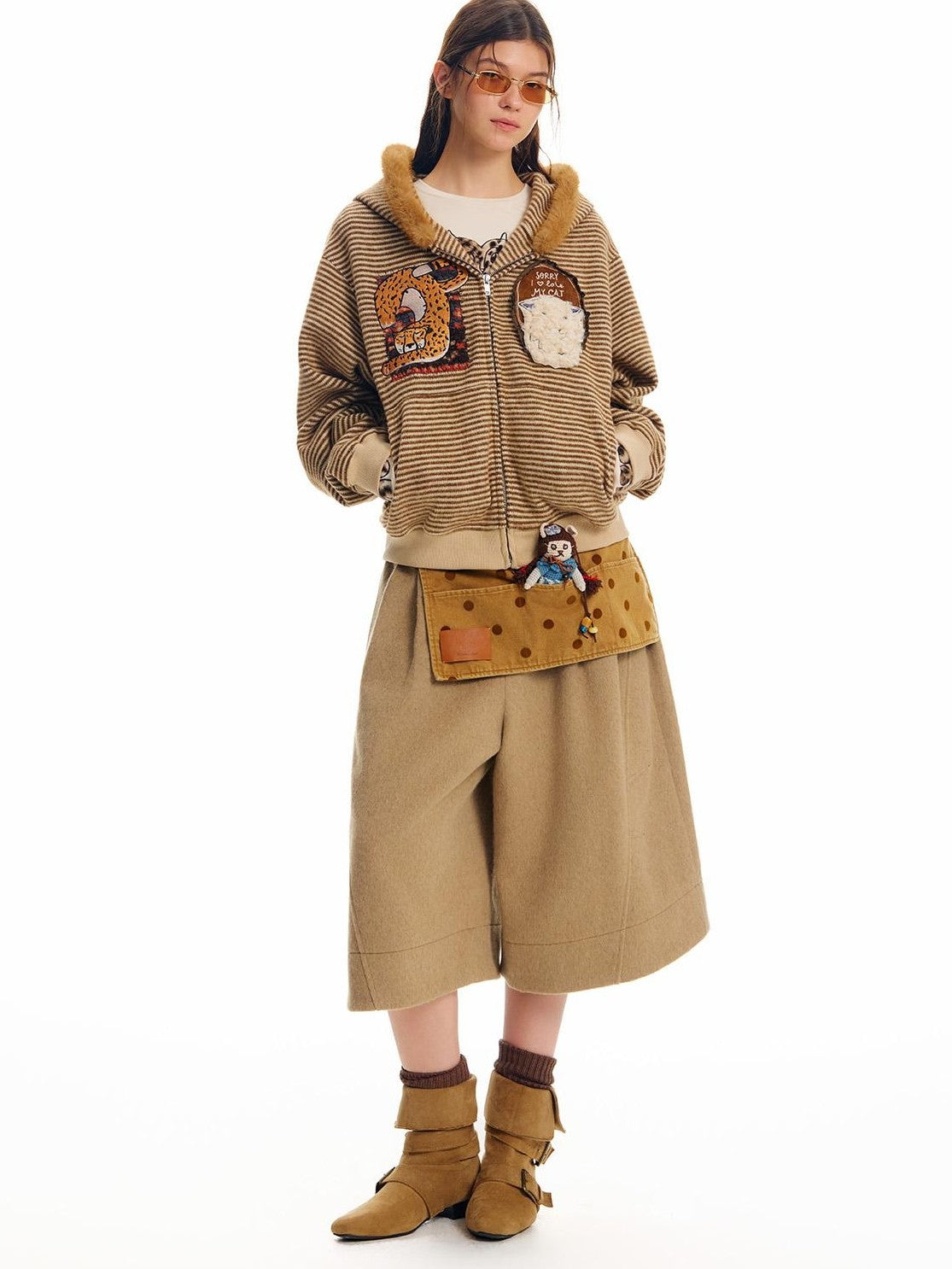 OuttheBlue Retro Striped Cat Patch Embroidered Faux Fur Trim Women&