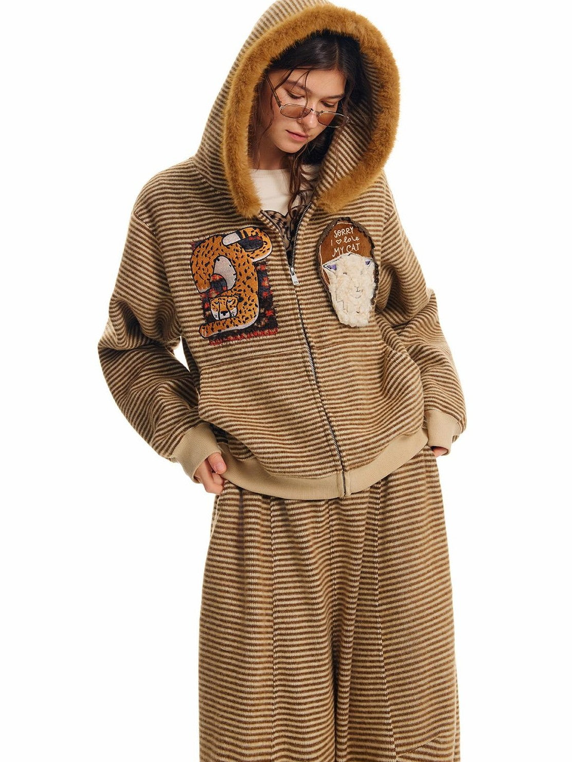 OuttheBlue Retro Striped Cat Patch Embroidered Faux Fur Trim Women&