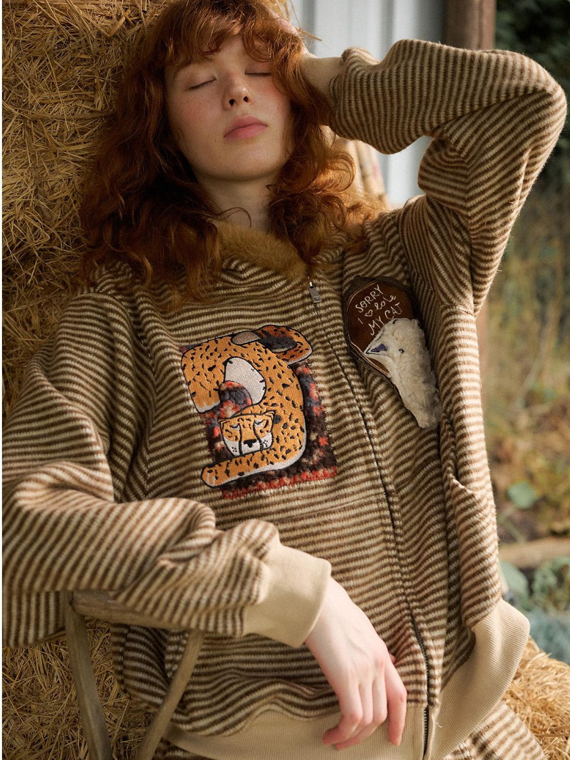 OuttheBlue Retro Striped Cat Patch Embroidered Faux Fur Trim Women&