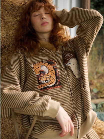 OuttheBlue Retro Striped Cat Patch Embroidered Faux Fur Trim Women&