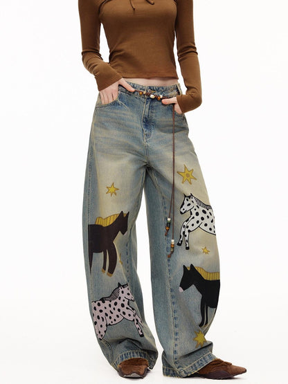 OuttheBlue Retro Washed Animal Print Wide Leg Mid Rise Stretch Women Jeans