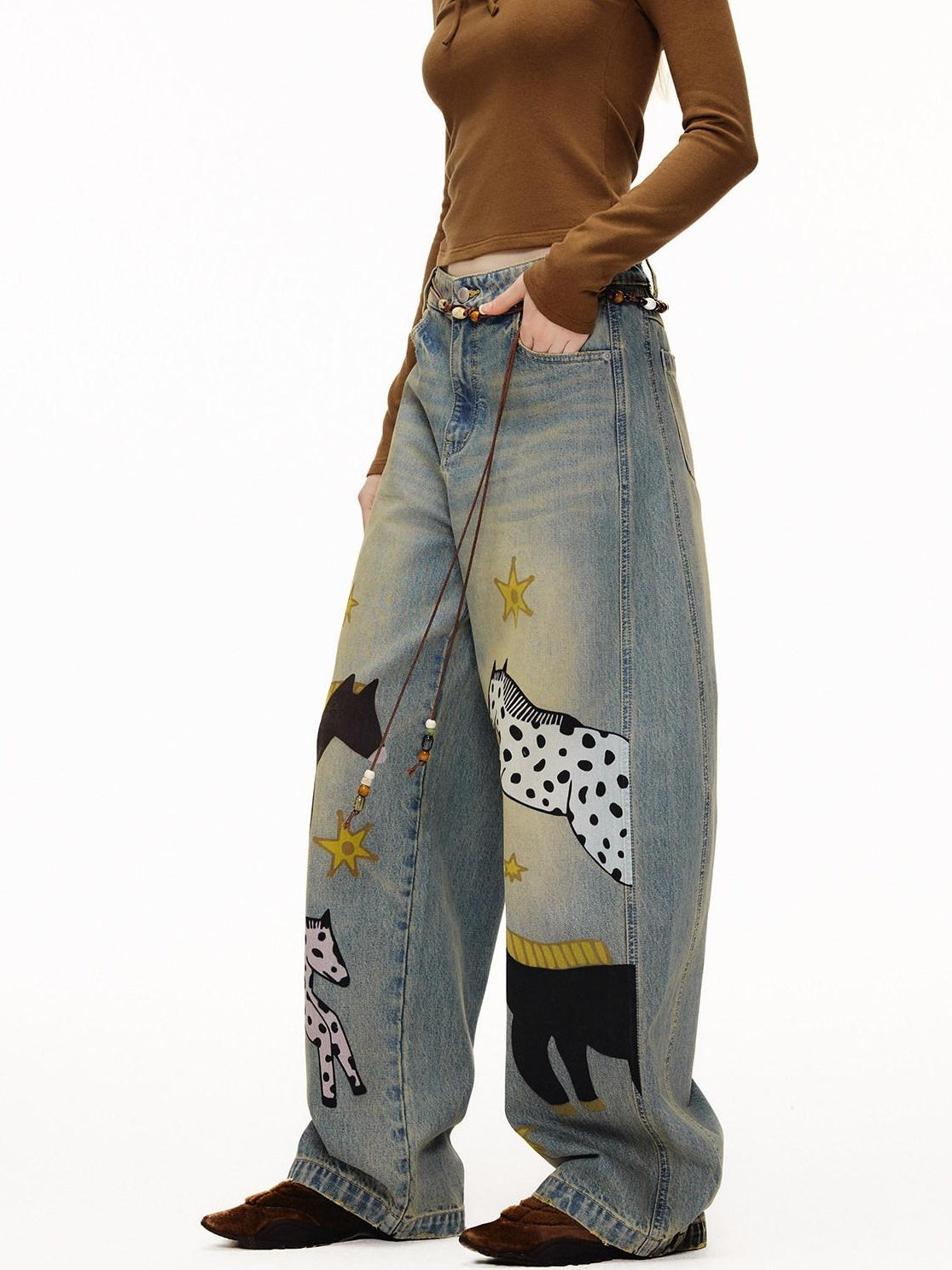 OuttheBlue Retro Washed Animal Print Wide Leg Mid Rise Stretch Women Jeans