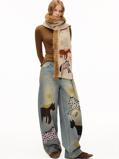 OuttheBlue Retro Washed Animal Print Wide Leg Mid Rise Stretch Women Jeans