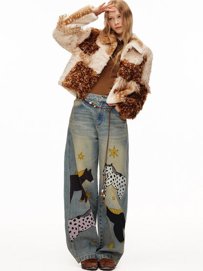 OuttheBlue Retro Washed Animal Print Wide Leg Mid Rise Stretch Women Jeans