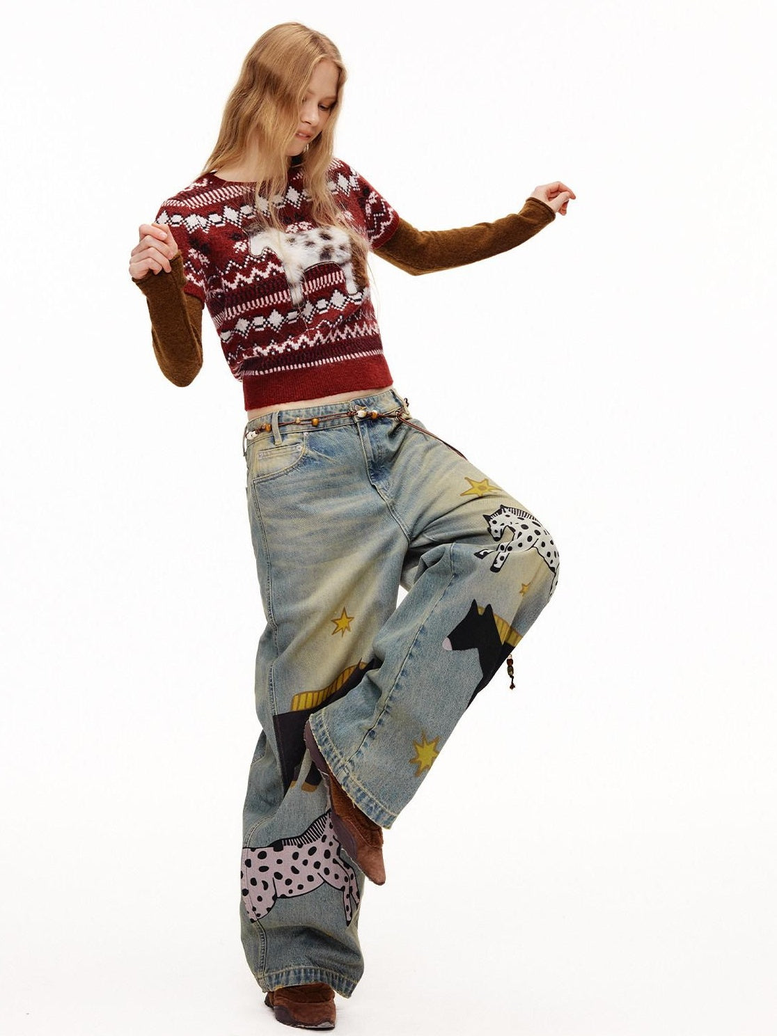 OuttheBlue Retro Washed Animal Print Wide Leg Mid Rise Stretch Women Jeans