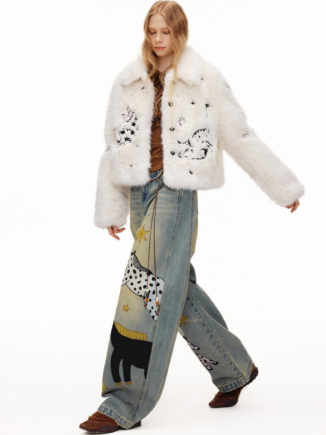 OuttheBlue Retro Washed Animal Print Wide Leg Mid Rise Stretch Women Jeans