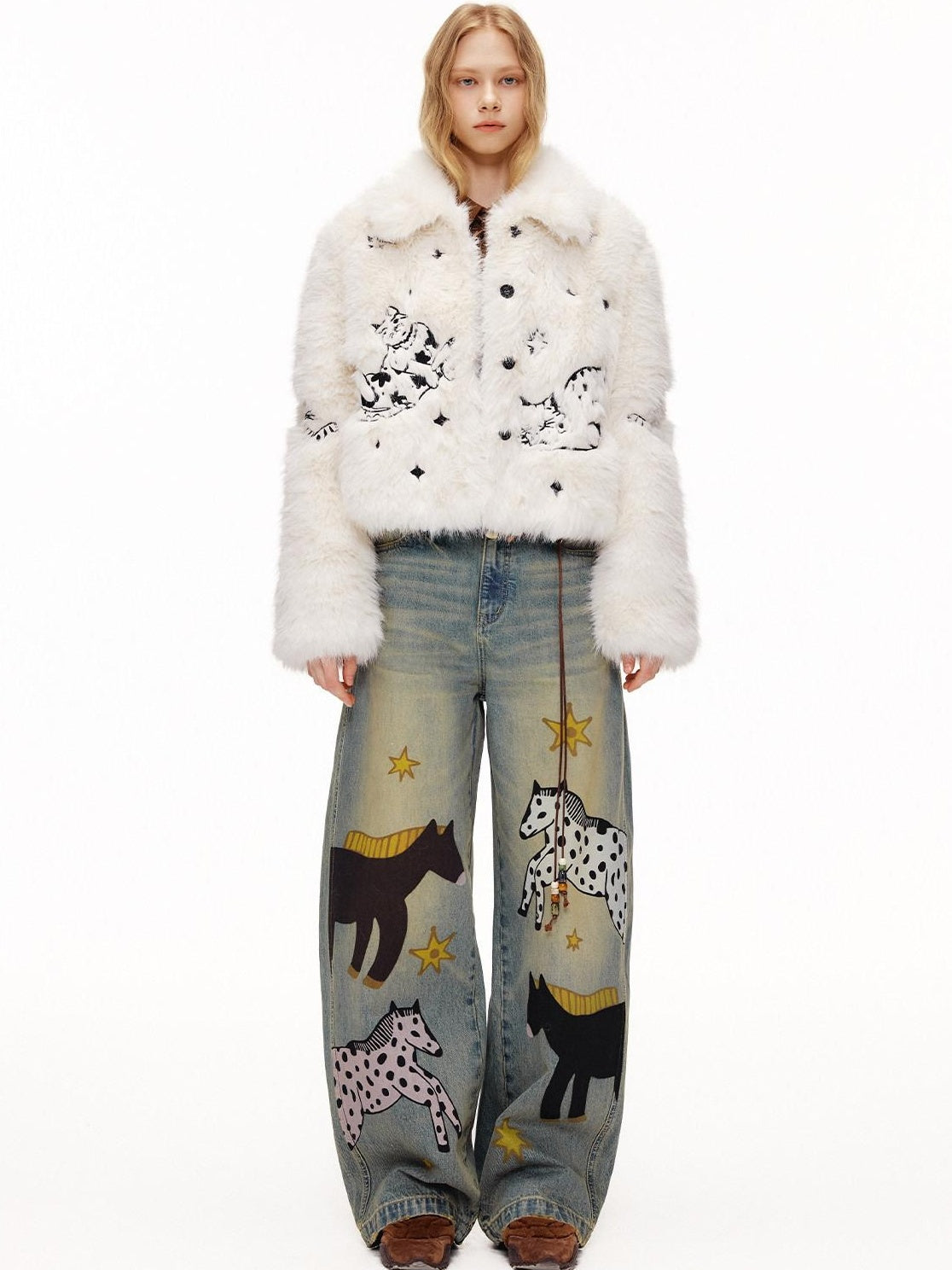 OuttheBlue Retro Washed Animal Print Wide Leg Mid Rise Stretch Women Jeans