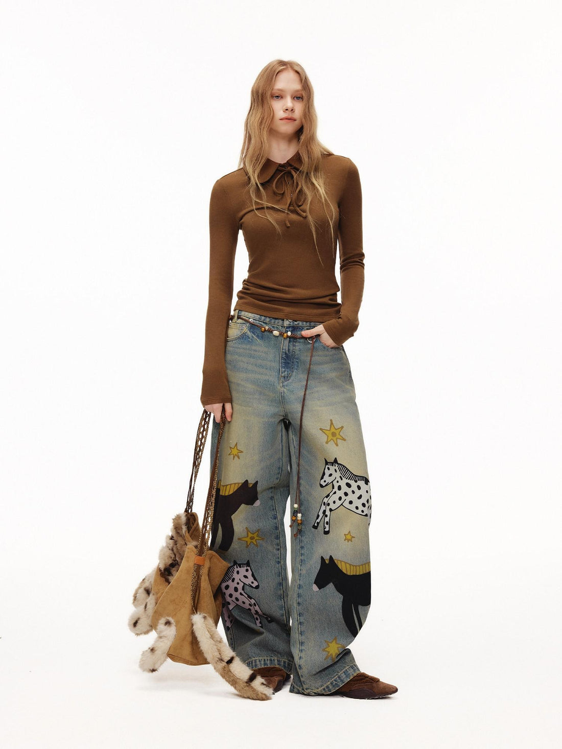 OuttheBlue Retro Washed Animal Print Wide Leg Mid Rise Stretch Women Jeans