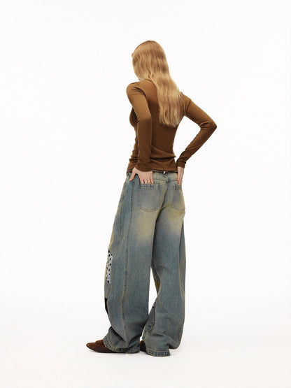 OuttheBlue Retro Washed Animal Print Wide Leg Mid Rise Stretch Women Jeans