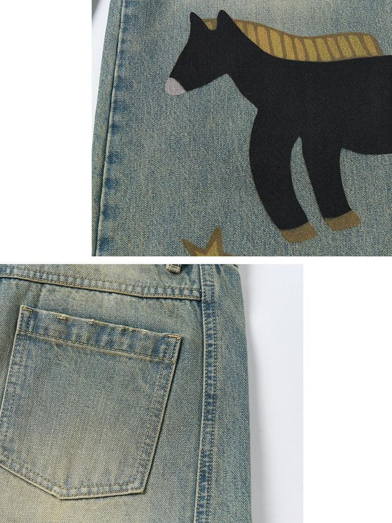OuttheBlue Retro Washed Animal Print Wide Leg Mid Rise Stretch Women Jeans