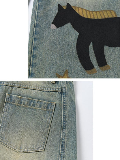 OuttheBlue Retro Washed Animal Print Wide Leg Mid Rise Stretch Women Jeans