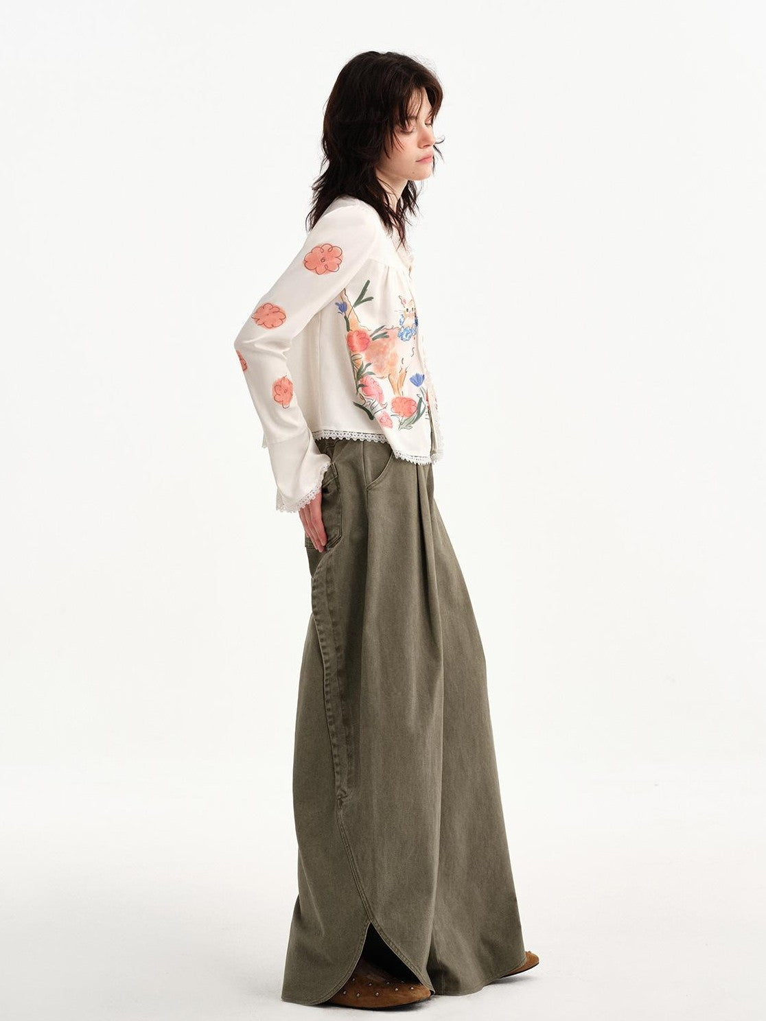 OuttheBlue Retro Washed Floral Wide Leg Slit Curved Leg Women&